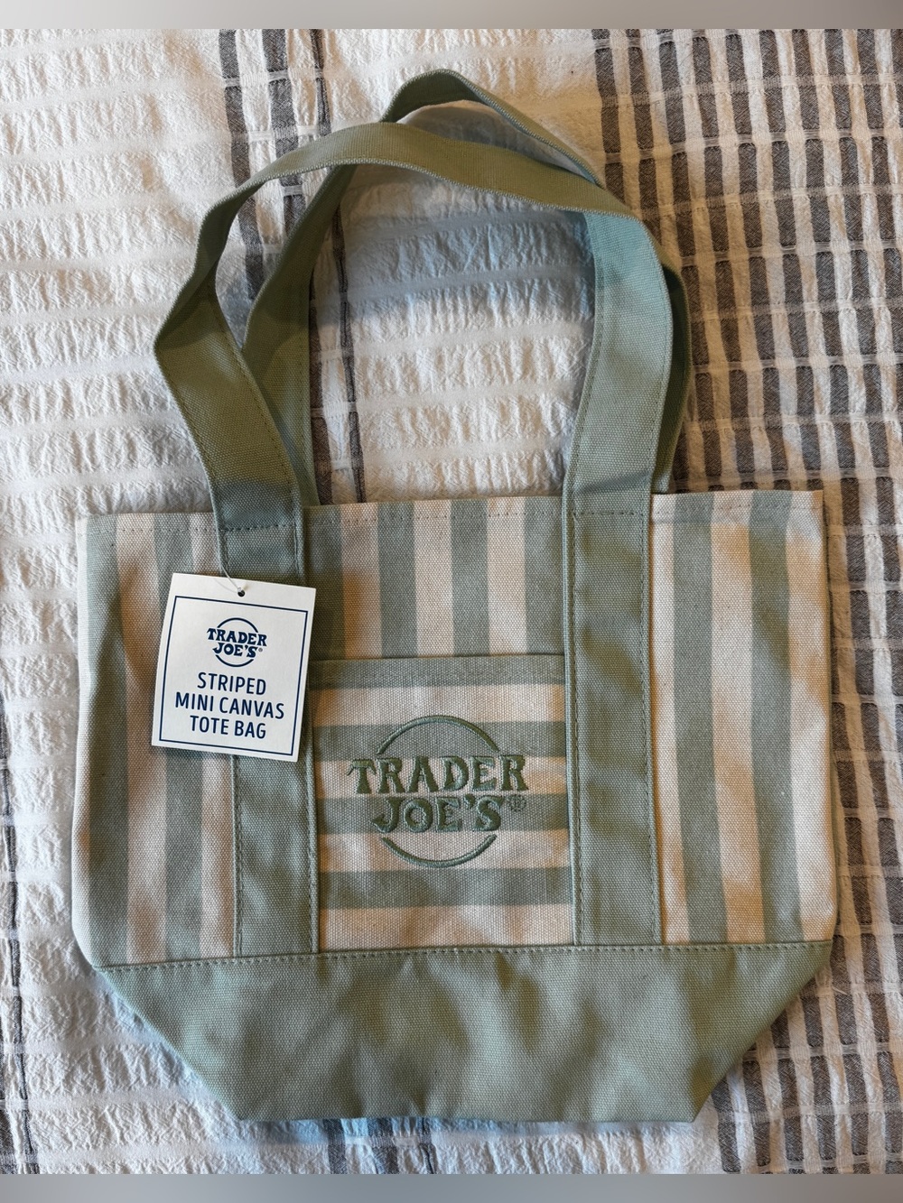 NWT Trader Joe’s Striped Mini Canvas Tote Bag in cream and green